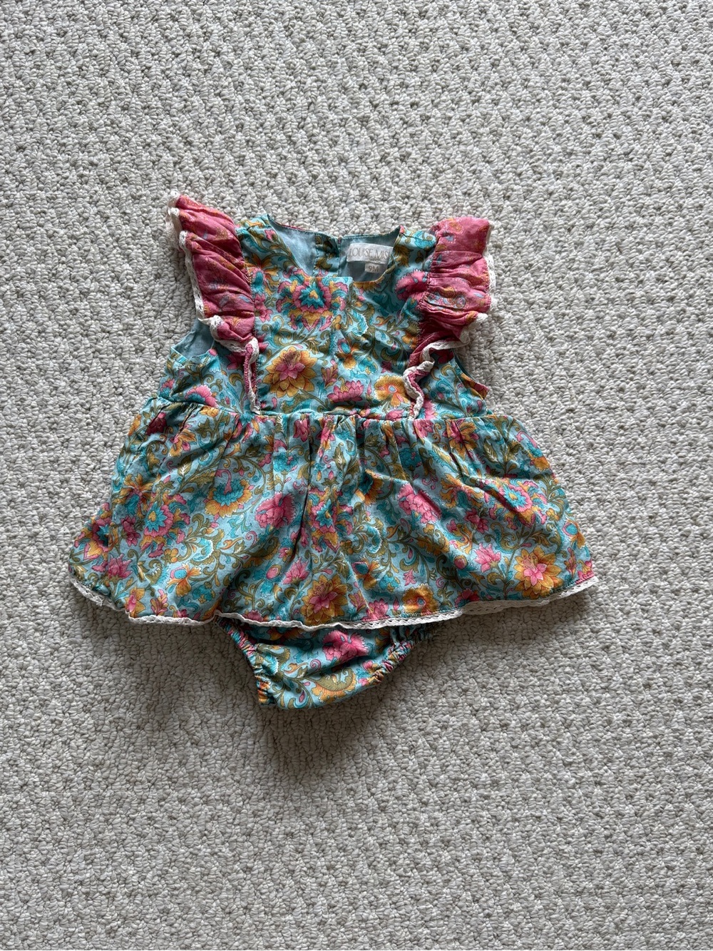 Designer Louise Misha Floral Ruffle Romper & Matching Pant in Turquoise and Pink